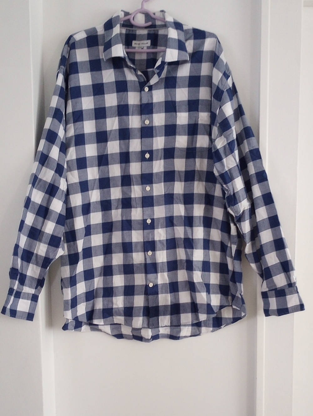 Peter Millar 100% Cotton Blue White Check Gingham Long Sleeve Shirt Size XXL